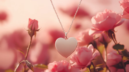 A stunning silver heart pendant necklace gracefully hangs amidst a backdrop of soft pink roses, embodying love and beauty in a serene floral setting.の素材