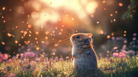 A charming small animal enjoys a peaceful moment in a vibrant flower field at sunset, surrounded by soft petals and warm light, exuding serenity and joy.の素材