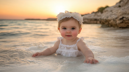 A charming baby girl enjoys the shallow waters of a tranquil beach during sunset, radiating joy and innocence against a stunning coastal backdrop.の素材