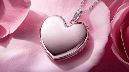 A stunning heart-shaped pendant necklace rests gracefully on soft pink rose petals, symbolizing love and elegance, perfect for romantic gifts.の素材