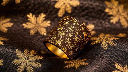 This close-up image features an elegant gold snowflake pattern on dark fabric, capturing the warmth and festive spirit ideal for seasonal decor and celebrations.の素材