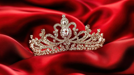 This image features an elegant diamond tiara resting on rich red satin, capturing the essence of royalty and sophistication. Perfect for events.の素材