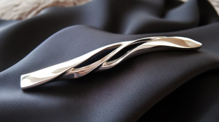 This striking twisted silver decoration rests gracefully on soft black fabric, highlighting its elegant form and luxurious appeal, perfect for design inspiration.の素材