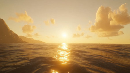 A stunning view of a golden sunset casting warm hues over the calm ocean waters, with soft clouds scattered in the sky, creating a peaceful and serene atmosphere.の素材
