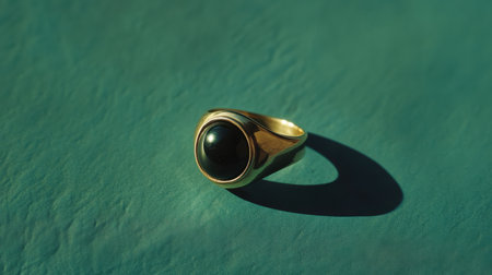 This striking gold ring features a dark stone and is set against a textured teal background, showcasing elegance and luxury in jewelry design.の素材