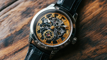 This stunning skeleton watch showcases intricate gears with gold accents on a sleek black leather strap, merging classic elegance with modern engineering.の素材