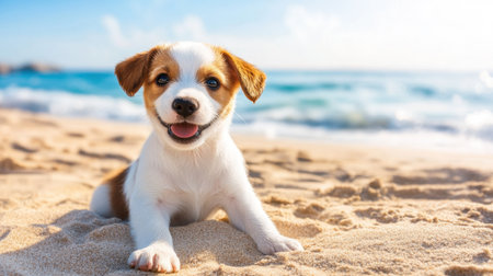 A cute puppy is relaxed on the sandy beach, with soft fur shining under the sunlight. The waves gently crash in the background, creating a serene and joyful atmosphere.の素材