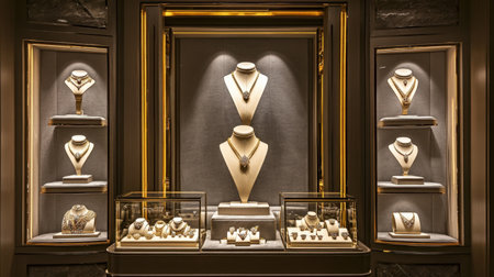 This captivating image features an elegant display of fine jewelry and accessories in a sophisticated retail setting, showcasing intricate designs and soft lighting.の素材
