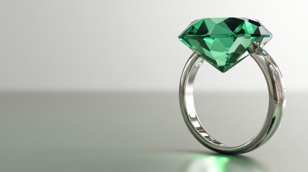 A stunning green gem ring rests elegantly on a smooth surface, reflecting soft light that highlights its exquisite craftsmanship and beauty in design.の素材