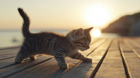 This enchanting image captures a small tabby kitten gracefully walking along a wooden pier during sunset, showcasing a moment of serenity and exploration.の素材