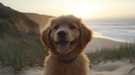 A joyful golden retriever puppy sits on a sandy beach at sunset, radiating happiness with its delightful smile against a stunning ocean backdrop.の素材
