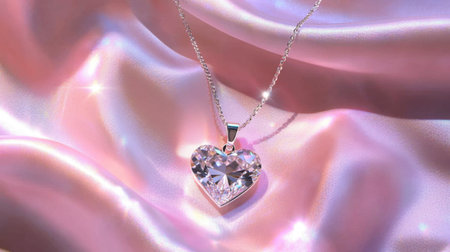 This exquisite heart-shaped crystal pendant necklace rests elegantly on a soft pink satin fabric background, showcasing its sparkle and beauty. Perfect for any occasion.の素材