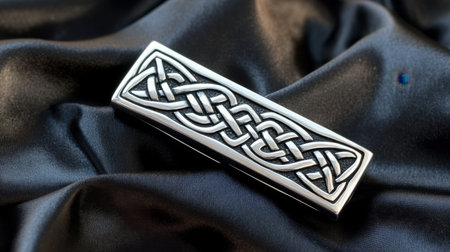 This elegant silver barrette features an intricate Celtic knot design, resting on dark satin fabric. Perfect for personal style and hair fashion.の素材