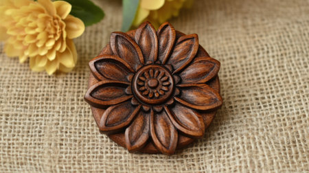 This image showcases a meticulously hand-carved wooden flower design resting on a natural fabric background, perfect for showcasing craftsmanship.の素材