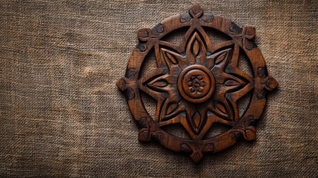 This stunning image showcases a beautifully carved wooden piece featuring a floral motif, set against a rustic fabric background, perfect for artistic visuals.の素材
