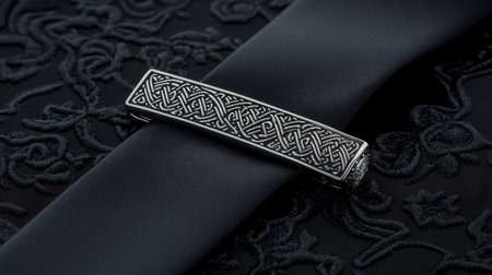 This elegant silver tie clip features an intricate pattern resting on a rich black fabric background, ideal for showcasing sophisticated fashion accessories.の素材