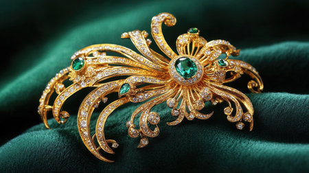 Exquisite gold hair accessory featuring intricate details and adorned with stunning emeralds and diamonds, resting on luxurious green velvet. Perfect for fashion enthusiasts.の素材