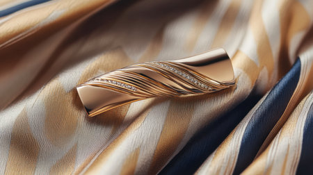 An exquisite gold brooch featuring a wave design adorned with sparkling stones, beautifully placed on rich satin fabric, showcasing elegance and luxury.の素材