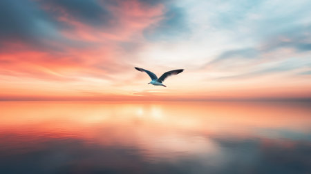 A stunning image of a solitary bird gracefully flying over a serene ocean during sunset. The sky is filled with vibrant colors reflecting on the calm water's surface.の素材