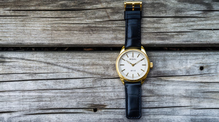 This image features an elegant gold watch with a classic black leather strap, set against a rustic wooden background, symbolizing timeless style.の素材