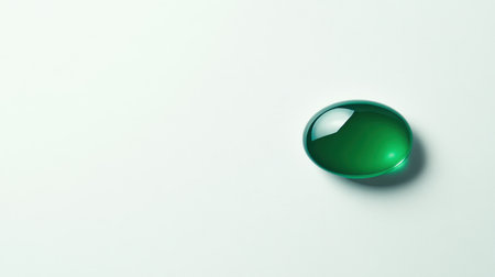 This image features a singular green gel drop resting on a pristine white surface, reflecting light beautifully and casting soft shadows, ideal for themes of freshness and cleanliness.の素材