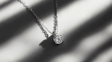 This elegant silver necklace features a sparkling diamond pendant, beautifully highlighted by dramatic monochrome lighting, creating an artistic atmosphere.の素材