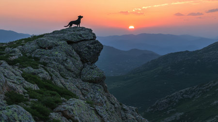 A beautiful silhouette of a dog stands proudly on a rocky cliff as the sun sets behind a serene mountain range, showcasing natureの素材