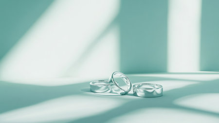 A pair of elegant silver wedding rings elegantly placed on a soft mint background, illuminated by gentle shadows, symbolizing love and commitment.の素材