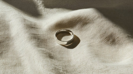 A beautifully crafted silver ring lies on soft fabric, showcasing delicate textures and creating a play of light and shadow, perfect for minimalistic designs.の素材