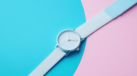 A stylish minimalist watch rests on a vibrant colorful background combining soft pastel tones. This image highlights modern design and elegance, perfect for lifestyle and fashion themes.の素材