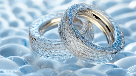 Two elegant glass rings rest on a soft textured surface, reflecting light beautifully. The intricate design and transparency create a romantic atmosphere.の素材