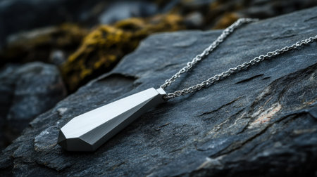 A stunning silver pendant necklace resting on a textured rock surface, illuminated by soft natural light, showcasing modern elegance and artistry.の素材