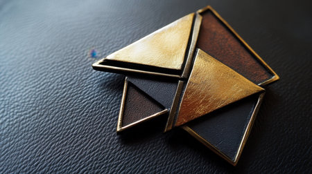 A striking geometric design featuring a bronze and gold decorative piece arranged on a sleek black leather surface, showcasing elegance and artful simplicity.の素材