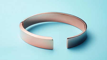 This image features a minimalist metal bangle bracelet elegantly placed on a soft blue background, highlighting its design and shine. Perfect for fashion branding.の素材
