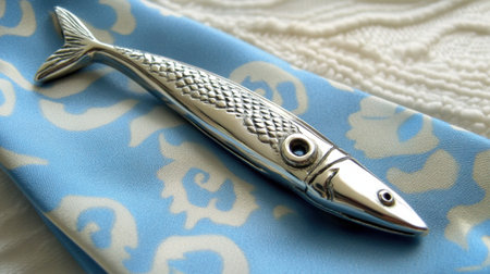 This image features a decorative fish-shaped object made of polished metal, elegantly placed on a soft blue cloth adorned with an intricate pattern, enhancing any table setting.の素材
