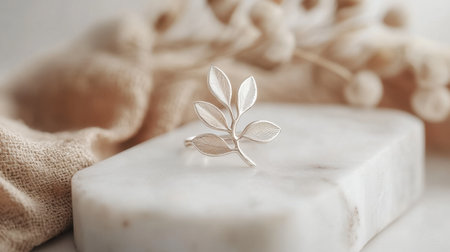 A delicate silver leaf ring rests elegantly on a marble surface, surrounded by soft textiles and natural elements, embodying minimalist beauty and sophistication.の素材