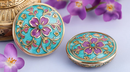 Two exquisite vintage jewelry boxes featuring intricate floral designs in colorful enamel, set against delicate purple flowers, evoke elegance and charm.の素材