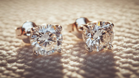A stunning close-up view of sparkling diamond stud earrings showcases their brilliance and elegance, perfect for fashion and luxury lovers.の素材