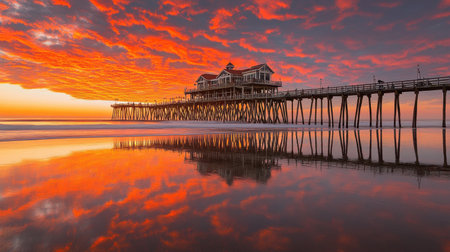 A breathtaking sunset illuminates the sky with vibrant colors, reflecting beautifully on the calm ocean waters beside an iconic wooden pier.の素材