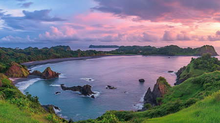 Captivating coastal landscape showcasing a stunning sunset with vibrant colors illuminating lush green hills and calm waters, perfect for travel or nature themes.の素材