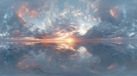 This captivating image captures a vibrant sunset over calm waters, featuring dramatic clouds and stunning reflections, creating a serene atmosphere ideal for relaxation.の素材