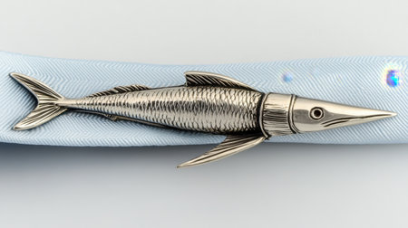 This stunning silver fish brooch is beautifully crafted and set against a soft light blue fabric, perfect for fashion enthusiasts and collectors.の素材