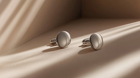This image showcases elegant silver cufflinks resting on a soft surface, illuminated by natural light, highlighting their luxurious design and shine.の素材