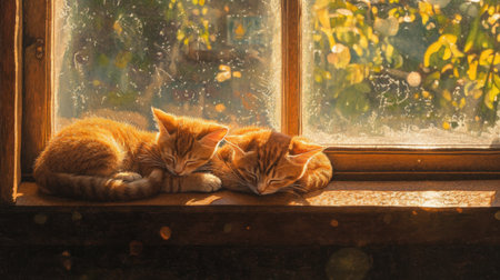 Two charming ginger kittens rest peacefully on a sunlit windowsill, surrounded by a soft glow of natural light, embodying tranquility and warmth.の素材