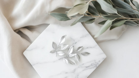 A stunning flat lay composition featuring a marble surface adorned with silver leaves and soft fabric in neutral tones, ideal for home decor inspiration.の素材