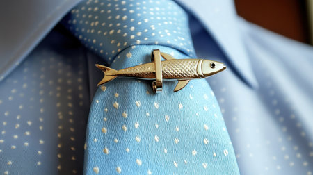 This visually striking image showcases an elegant tie clip featuring a fish design, perfectly paired with a light blue shirt adorned with polka dots.の素材