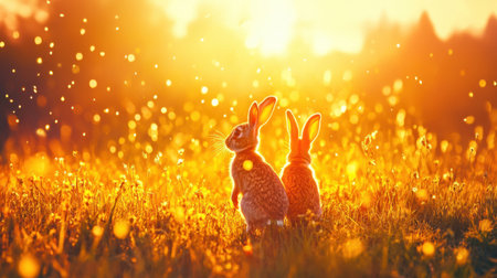 Two adorable rabbits sit together in a golden field during sunset, surrounded by sparkling lights and a dreamy bokeh effect, evoking a sense of peace.の素材