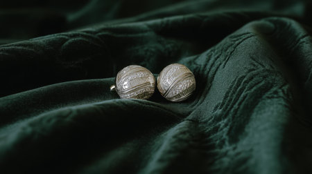 A stunning pair of elegant silver earrings rests on soft green velvet fabric, showcasing intricate designs. Perfect for fashion and jewelry themes.の素材