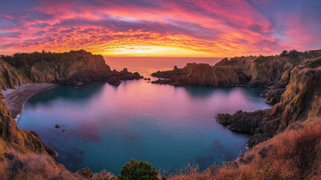 A breathtaking sunset paints the sky over calm waters, framed by rocky cliffs and lush greenery, capturing the beauty of nature's evening glow.の素材