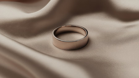 A beautifully crafted wedding band resting on soft satin fabric, showcasing its elegant simplicity. Ideal for themes of love and commitment in visual storytelling.の素材